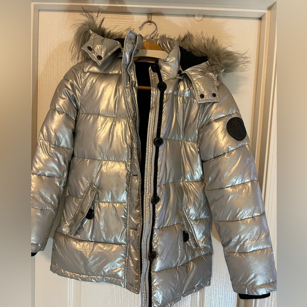 Diesel Silver Puffer Jacket with fax Fur Hood, youth size 14